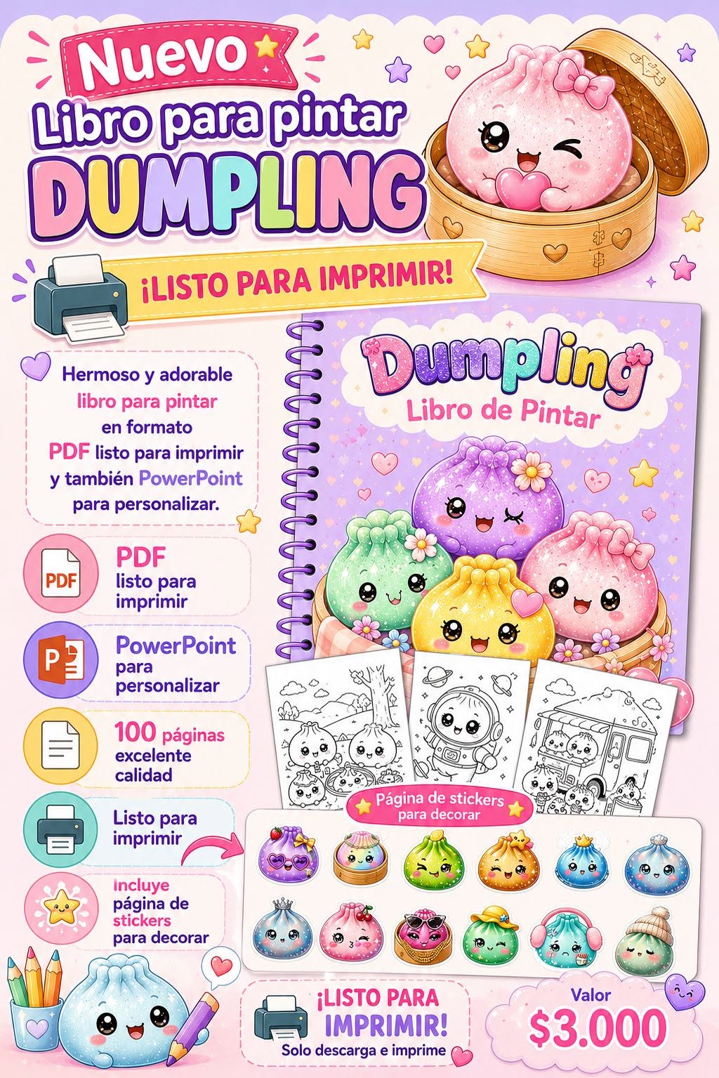 Libro para Pintar Dumpling | 100 páginas + PowerPoint editable + Stickers